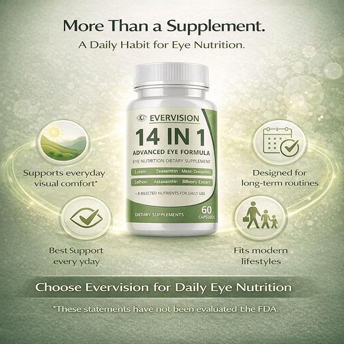 Evervision 14-in-1 Advanced Eye Formula, Daily Eye Nutrition Supplement with Lutein, Zeaxanthin, Saffron & Bilberry Extract, Eye Health Support for Adults – 60 Capsules (1)