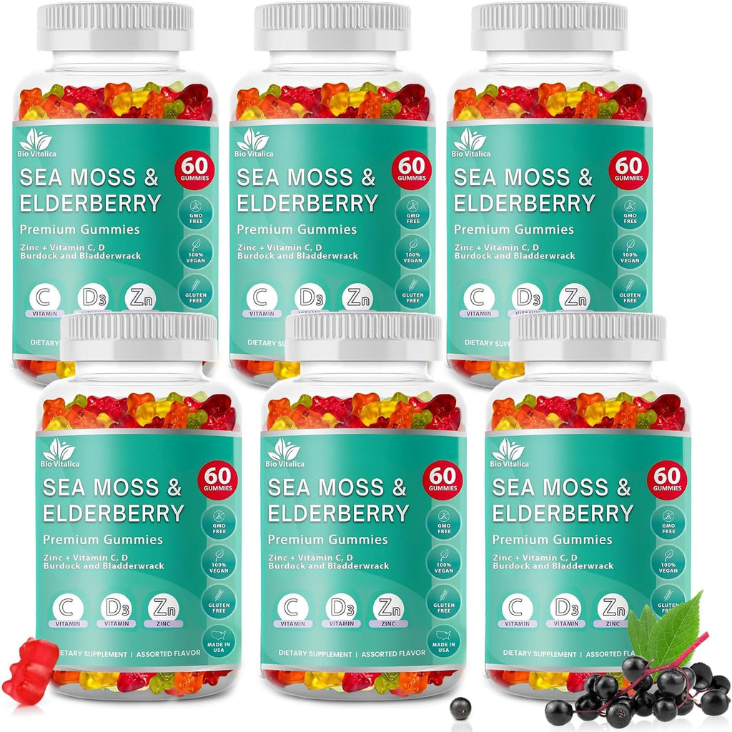 BIO VITALICA Sea Moss Gummies Elderberry BioVitalica - Vitamin C D + Zinc - Irish Seamoss Vegan Gummy with Sea Moss Gel & Powder for Immunity, Detox - for Adults and Kids (6Packs)