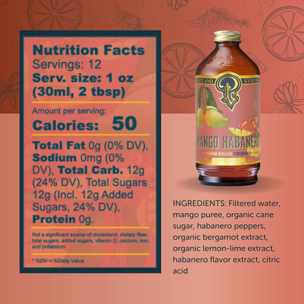 Portland Syrups Mango Habanero Syrup - Bold Mango Flavor with a Fiery Habanero Kick - Premium Beverage Concentrate for Cocktails, Mocktails, Tea, and More - 12 oz with 24 Servings (Pack of 2)