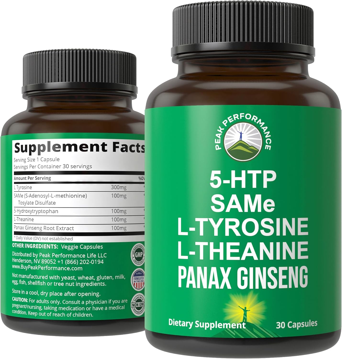 Peak Performance Mood Support Supplement with 5 Top Ingredients: 5HTP, SAM e, L Tyrosine, L Theanine, and Panax Ginseng. Calm, Focus, Relaxation Supplements. Vegan