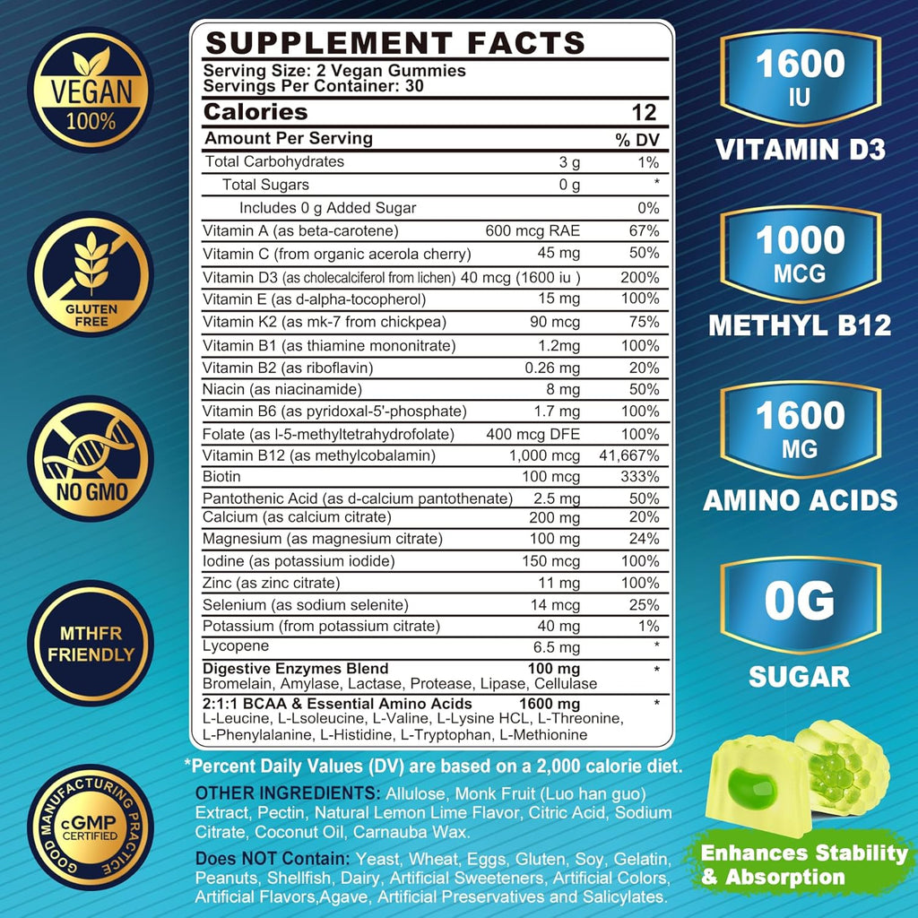 Methylated Multivitamin for Men Gummies, BCAA Amino Acids, Zinc, Daily Vitamin A C D3 E K2 B Complex, Calcium, Magnesium, Lycopene, Digestive Enzymes - Energy, Immune, Muscle- Sugar Free, Vegan, 60Cts