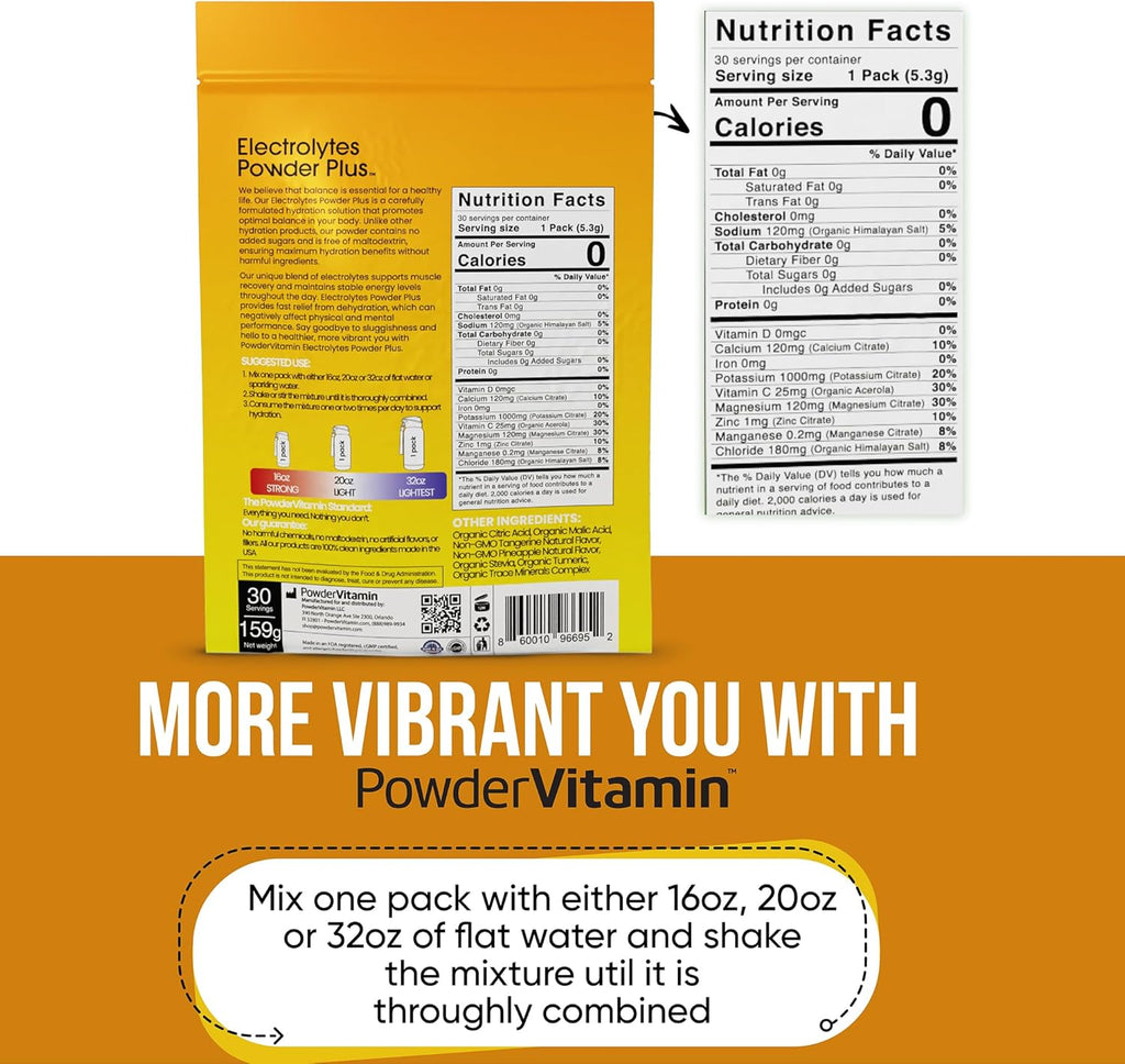 PowerVitamin Electrolytes Powder Packets - Tangerine Pineapple - Keto Electrolytes for Daily Energy - Hydration Powder with 1000mg Potassium, 120mg Magnesium, Zero Calories - 30 Hydration Packets
