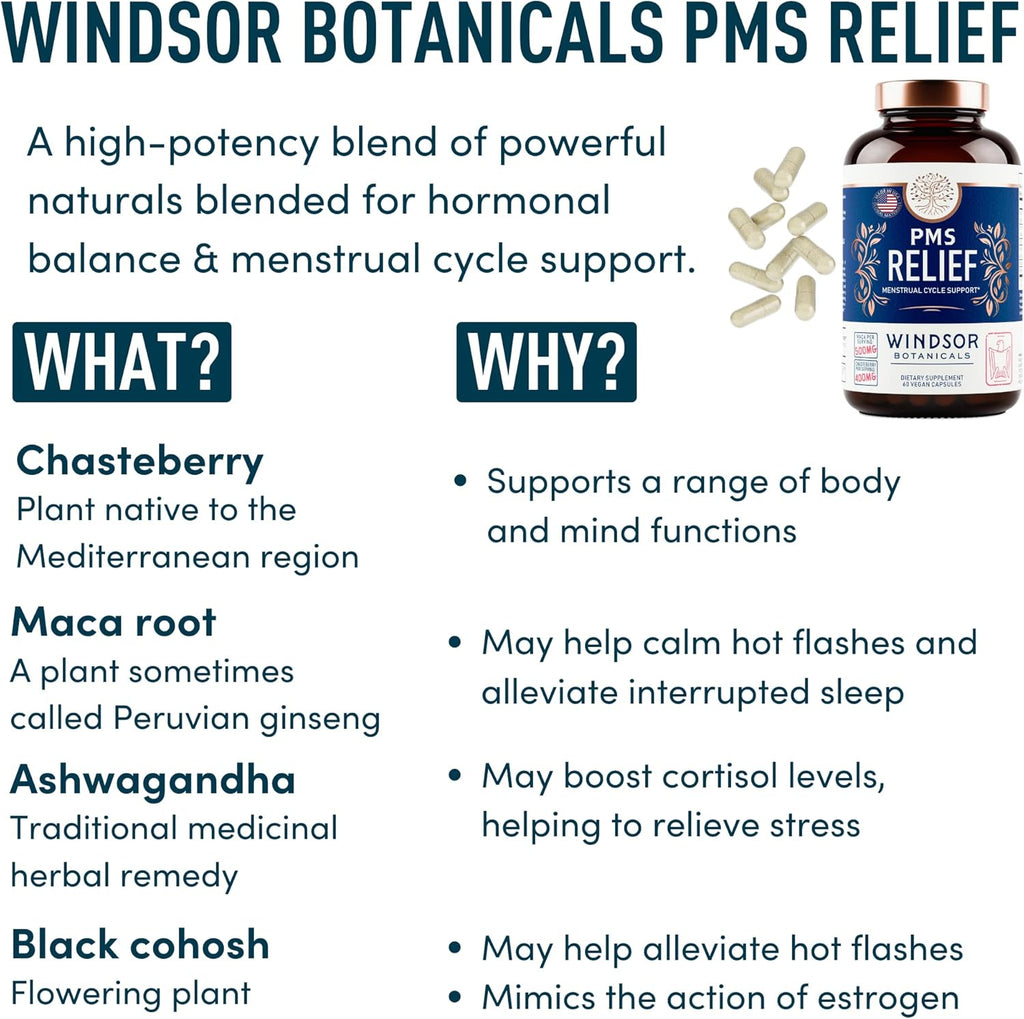 PMS Support Supplement for Women with Chasteberry, Maca Root, Ashwagandha - Period Relief, Bloating Relief for Women, Mood Support, Hormone Balance Herbal Supplements - 30 Day, 60 Vegan Capsules