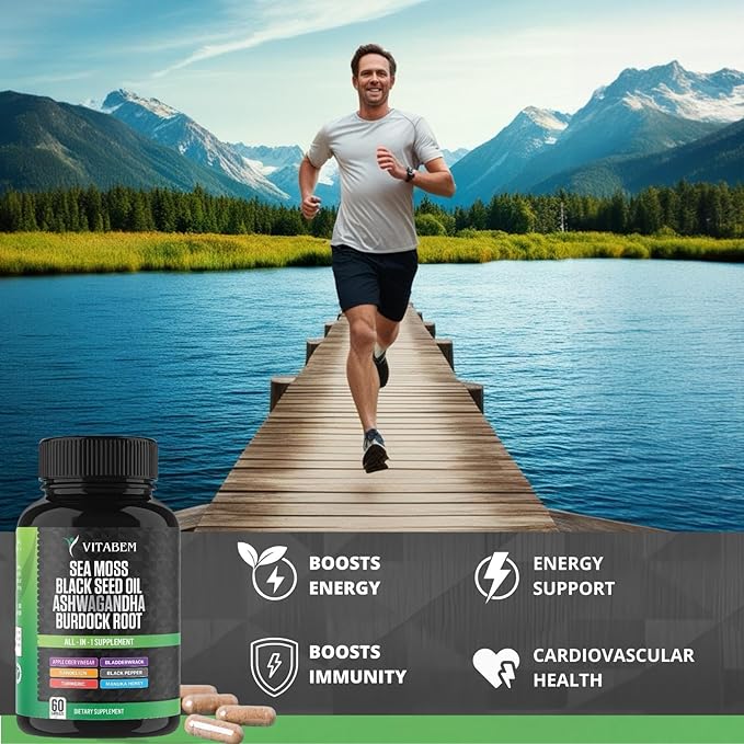Sea Moss Black Seed Oil Ashwagandha Turmeric Bladderwrack Burdock Root | Advanced Sea Moss Capsules All in One Supplement with Seamoss Black Seed Oil Burdock Root Capsules - 60 Count