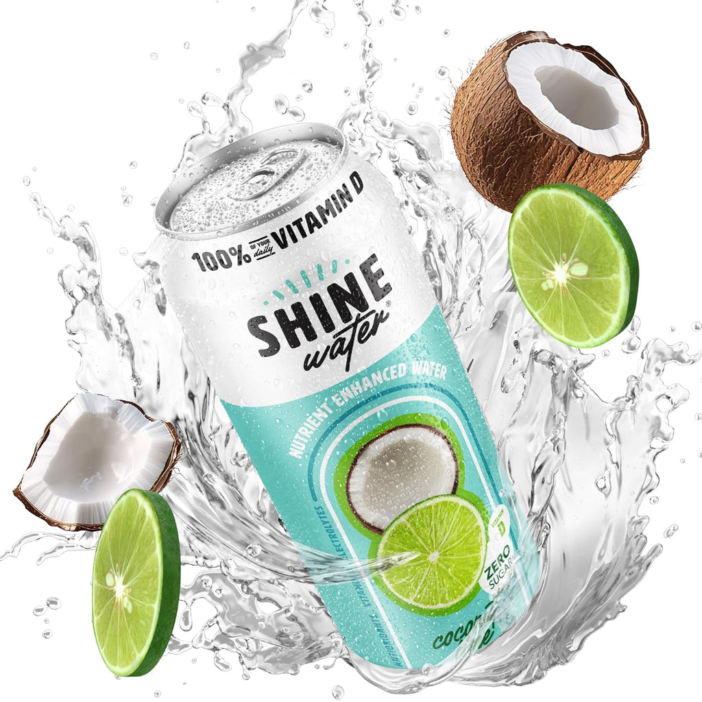 ShineWater Vitamin D Hydration Electrolyte Drink - Flavored water with electrolytes, Sugar-Free, Magnesium, Zinc, Vitamin B12, Folic Acid, Plant-Based, Low Calorie - Coconut Lime Fruit Water 12 Pack