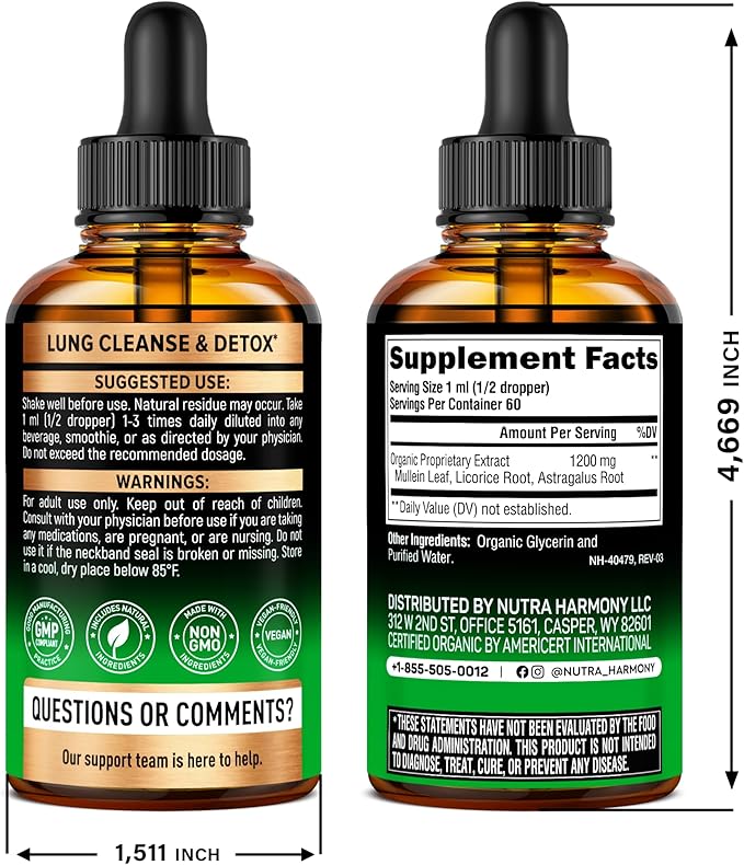 Mullein Drops for Lungs - USDA Organic Liquid - Mullein Leaf Extract Supplement - Made in USA - Lung & Bronchial Cleanse for Smokers - Respiratory Health Support - As Tincture, Tea, Pills - 2 fl oz