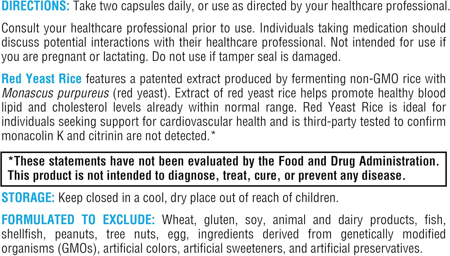 XYMOGEN Red Yeast Rice - Non-GMO Red Yeast Rice Supplement to Help Maintain Already Healthy Blood Lipid + Cholesterol Levels - Cardiovascular Support - Tested Citrinin-Free (60 Capsules)