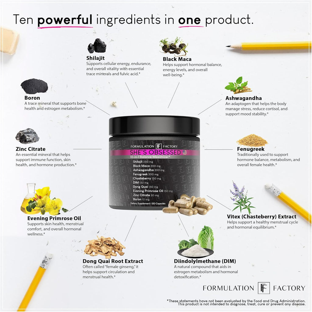 She's Obsessed: 10-in-1 Hormone Balance Maximizer with Shilajit, Maca, Ashwagandha, DIM, Dong Quai, Zinc & More for Vitality & Balance (120 Count (Pack of 3))