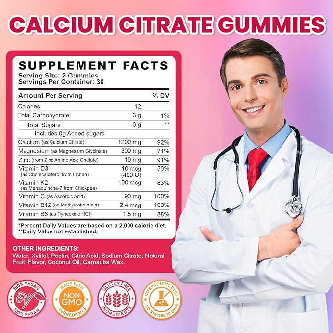 Calcium Citrate Gummies - 1200mg Calcium Gummies Supplements for Women & Men with Vitamin D3, K2, Magnesium, Zinc High Absorption for Bone, Muscle & Immune Support, Fruit Flavor, 120 Count