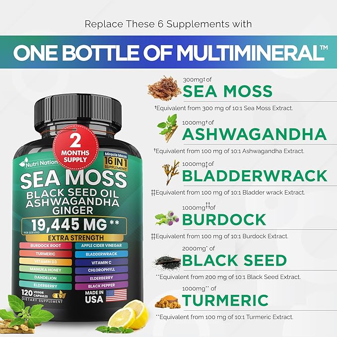 Sea Moss Black Seed Oil Ashwagandha Turmeric Bladderwrack Burdock & Vitamin C Vitamin D3 with Elderberry Manuka Dandelion Yellow Dock Iodine Chlorophyll 16 in 1 Supplement (360 Capsules, 3 Bottles)