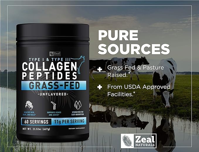 Zeal Naturals Multi Collagen Peptides Powder, 9g Protein Vitamin C Biotin Hyaluronic Acid Collagen for Women and Men, Hair Skin Nails Bone Health Grass-Fed Gluten-Free 45 Servings Unflavored, 14.72oz.