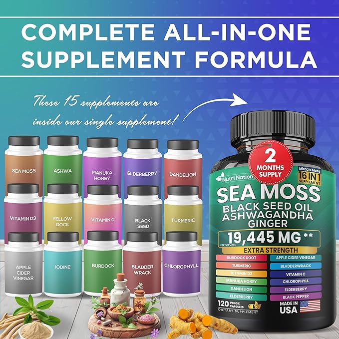 Sea Moss Black Seed Oil Ashwagandha Turmeric Bladderwrack Burdock & Vitamin C Vitamin D3 with Elderberry Manuka Dandelion Yellow Dock Iodine Chlorophyll 16 in 1 Supplement (360 Capsules, 3 Bottles)