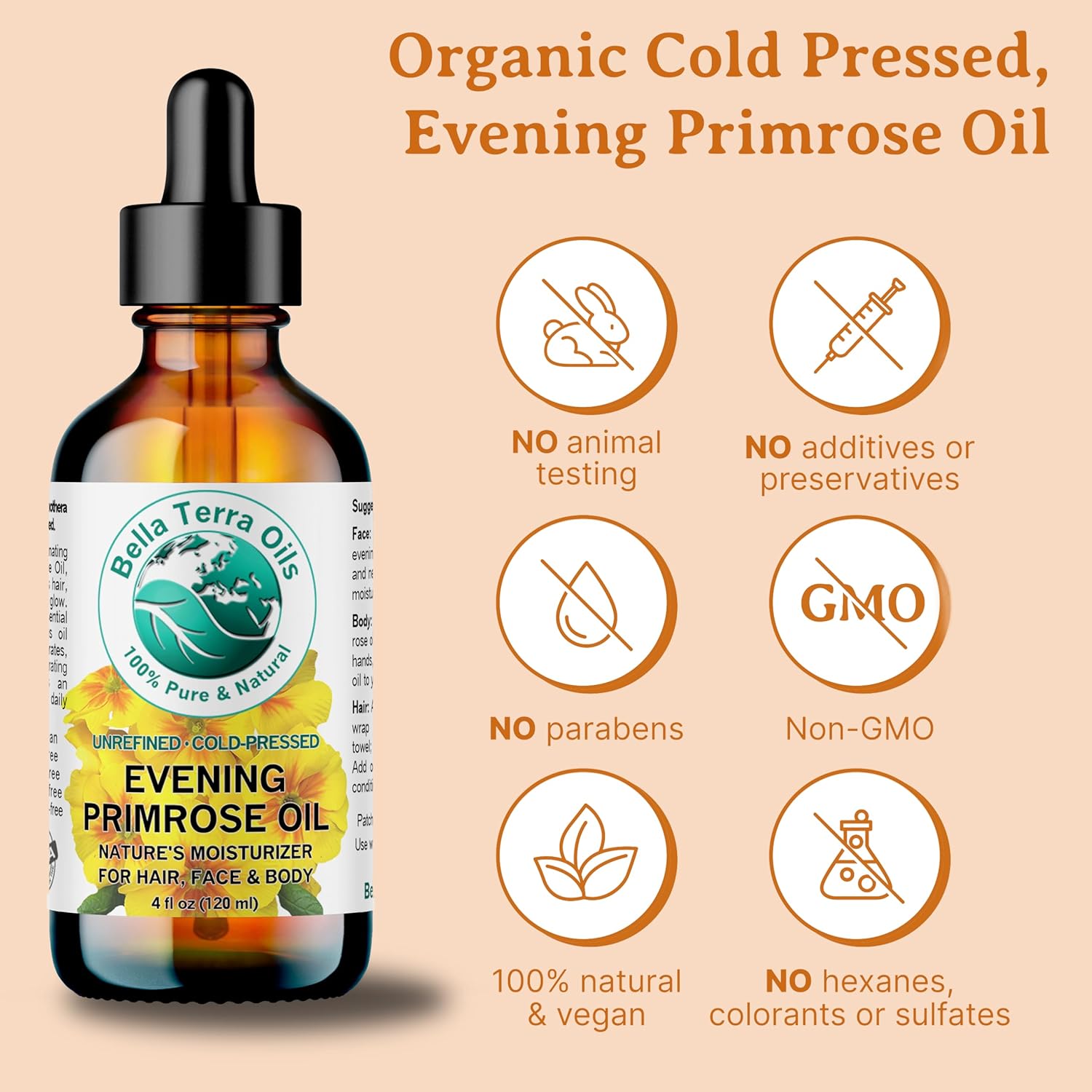 Bella Terra Oils Pure Evening Primrose Oil for Radiant Skin and Lustrous Hair – 1 gallon, Nutrient-Rich, Non-Greasy, Quick Absorb