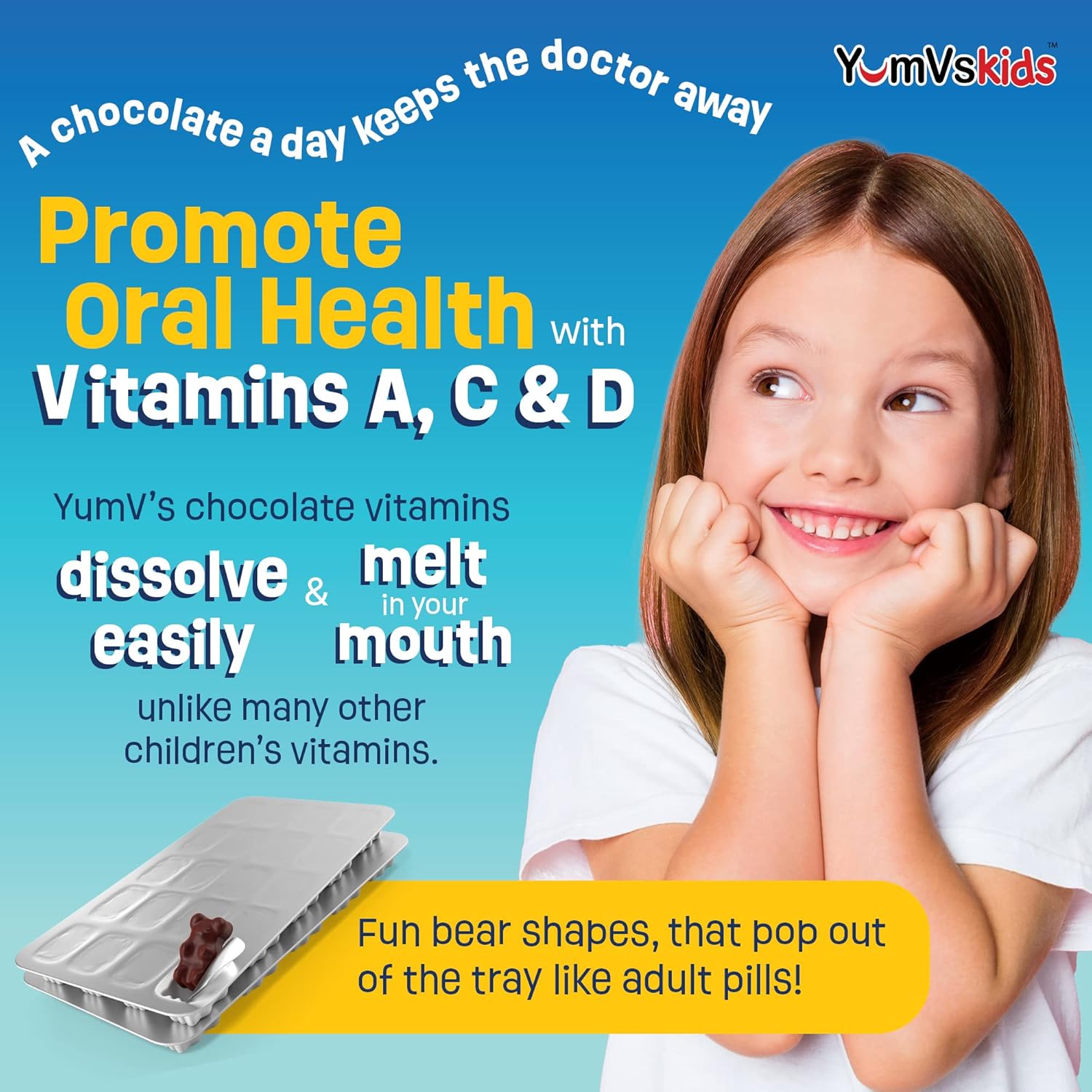 YUM-V'S - Kids Multivitamin Chewable Chocolate Bears - Multivitamin for Kids Supplement - 16 Vitamins & Minerals - Vitamins Including D, Zinc, C, B Complex & More, 60 Count Pack of 1