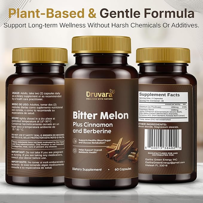 Bitter Melon Capsules with Berberine & Cinnamon, Sugar Balance, Metabolic Health & Steady Energy, with Extra Strength Bitter Melon Extract, Clean Formula, 60 Capsules