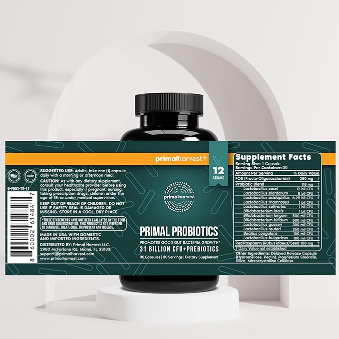 Primal Harvest Probiotics for Women & Men Daily Probiotic Supplement with 12 Strains for Gut & Digestive Health 30 Capsules