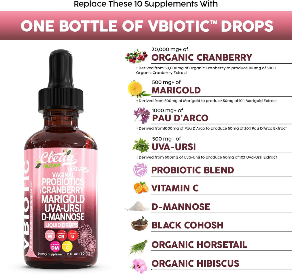 VBiotic Vaginal Probiotic for Women Liquid Drops | Womens Probiotics | Cranberry Uva Ursi Horsetail D-Mannose Prebiotics Marigold & Black Cohosh Vaginal Health Supplement | pH Balance | By Clean Nutra