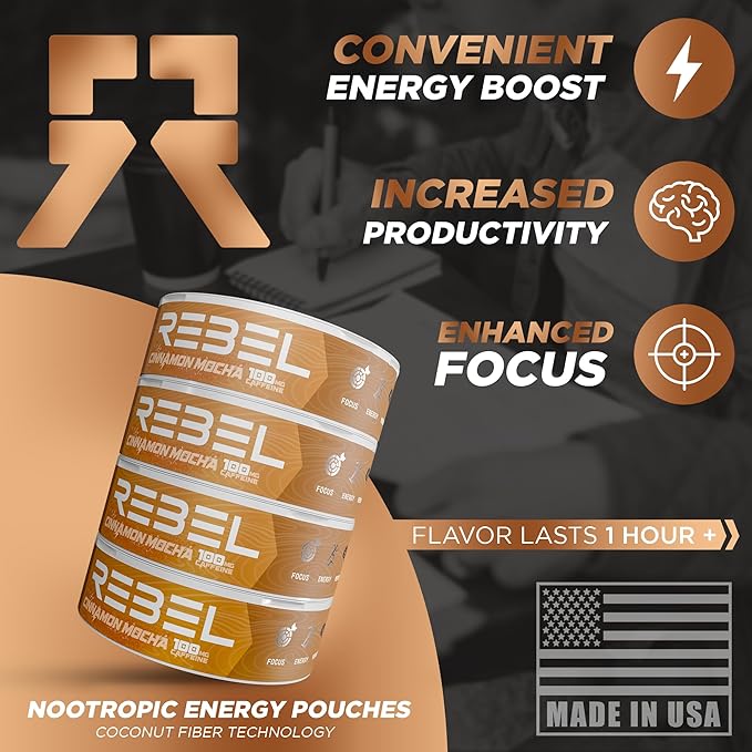 Nootropic Energy Caffeine Pouches (Cinnamon Mocha) • 100mg Caffeine • Alpha GPC • Huperzine A & Essential Vitamins • Sugar-Free • Coconut Fiber Technology • 15 Pouches Per Can (Pack of 4)