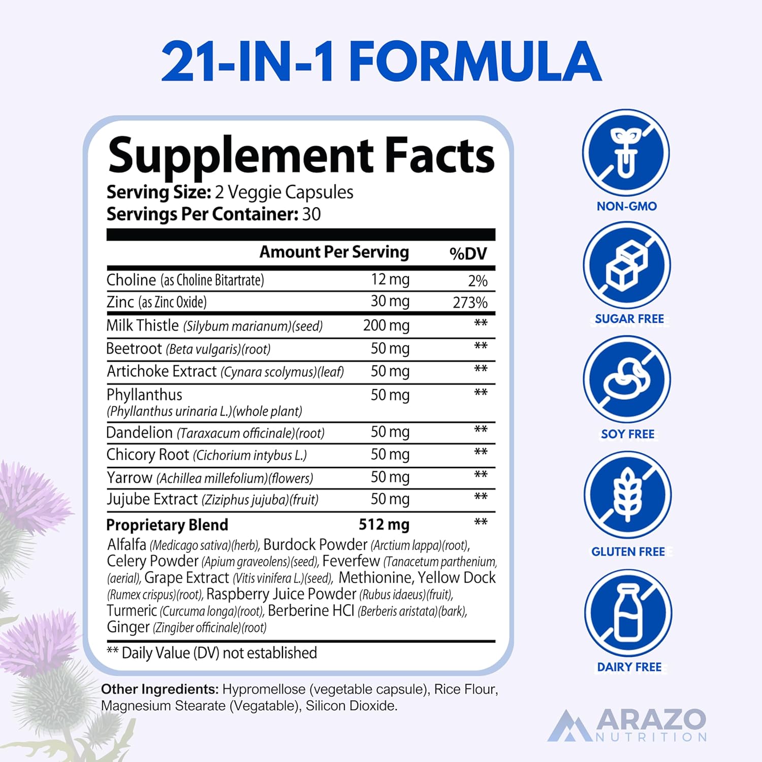 Arazo Nutrition Liver Cleanse Detox & Repair Formula – Milk Thistle Herbal Support Supplement: Silymarin, Beet, Artichoke, Dandelion, Chicory Root