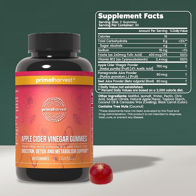 Primal Harvest ACV Gummies, 60 Sugar Free Apple Cider Gummies Beetroot and Pomegranate to Support Immunity, Digestion and Detox 750 MG