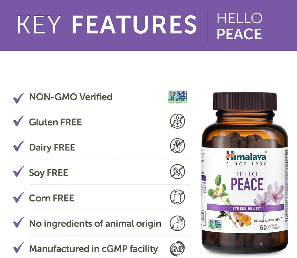 Himalaya Hello Peace - Herbal Stress Relief Supplement with Ashwagandha and Turmeric for Normal Cortisol and Adrenal Support - Vegan, Non-GMO, Gluten Free, 60 Capsules