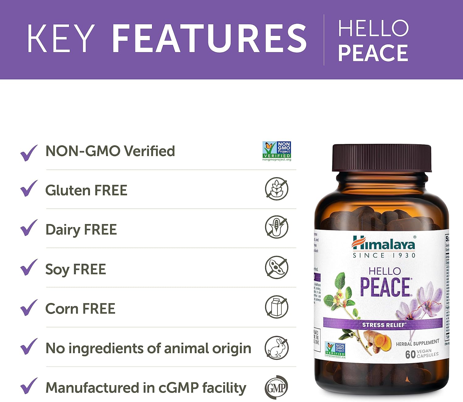 Himalaya Hello Peace - Herbal Stress Relief Supplement with Ashwagandha and Turmeric for Normal Cortisol and Adrenal Support - Vegan, Non-GMO, Gluten Free, 60 Capsules