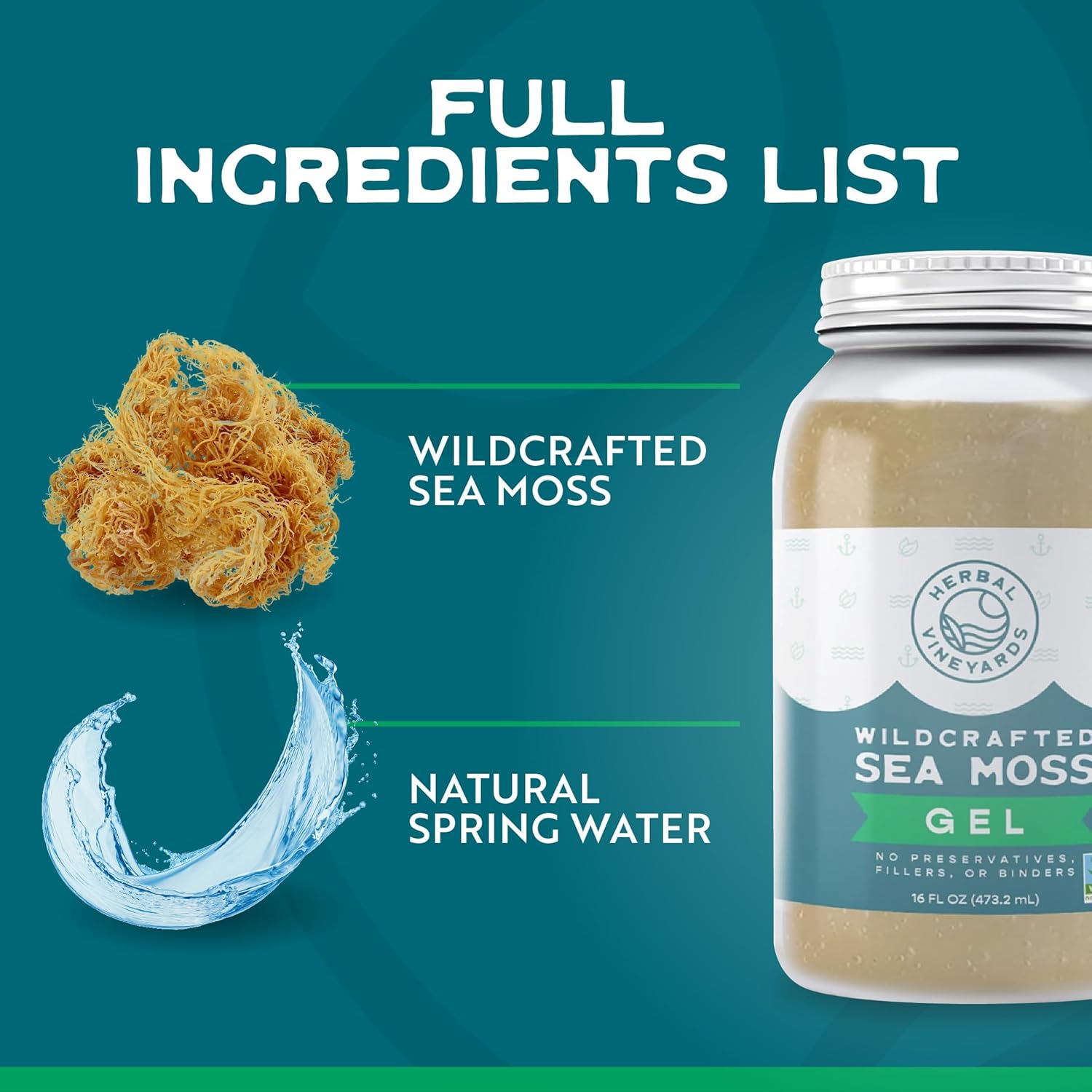 Herbal Vineyards Wildcrafted Irish Gold Sea Moss Gel 16 Oz - Organic Seamoss Gel Made with Dried Seaweed & Fresh Sea Vegetables, Natural & Plant-Based, Harvested in Pristine Waters, USA