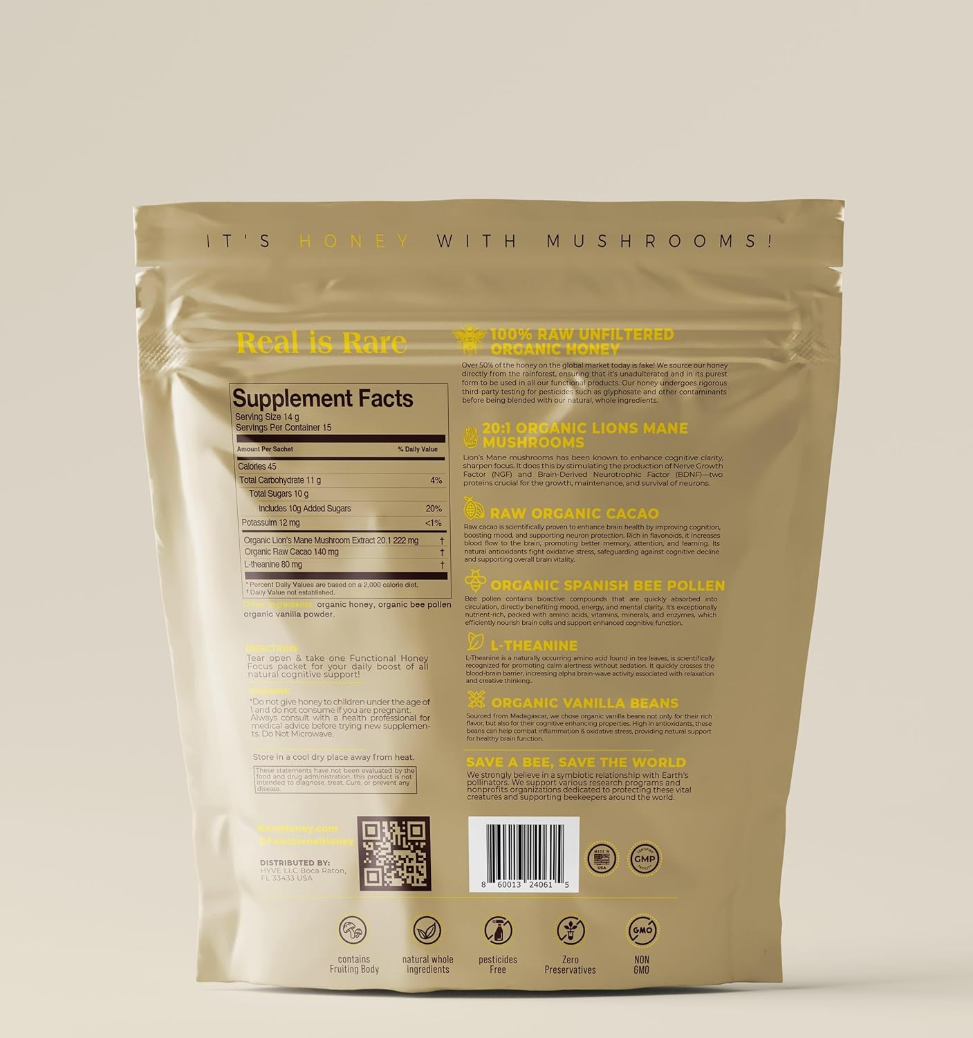 HYVE Mind Functional Organic Honey – Focus & Memory Honey with Lion's Mane Mushrooms, Raw Cacao, Bee Pollen & L-Theanine – Cognitive Support, 15 Packets