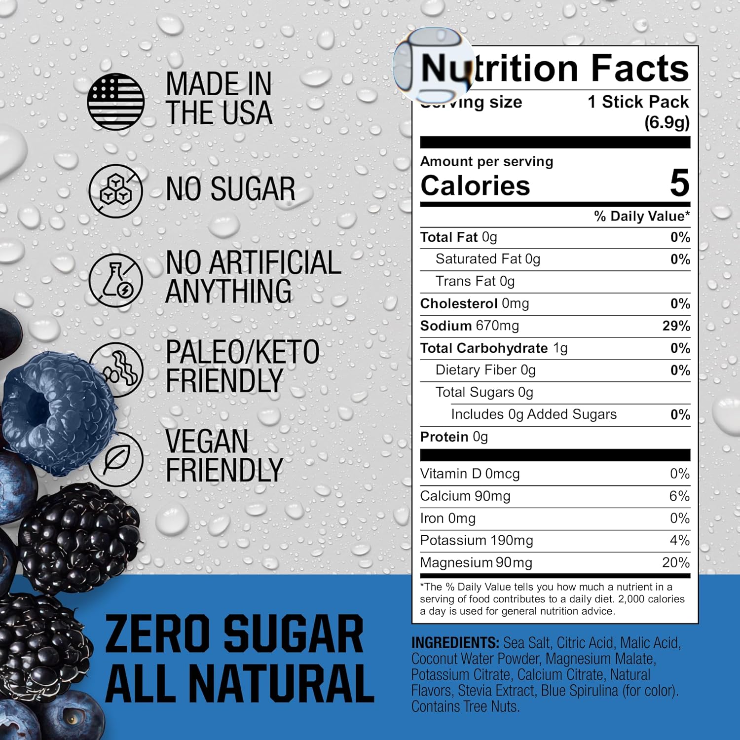 Fire Science Fire Salt Hydration Sticks, Electrolytes & Coconut Water, Hydration Drink Mix with Caffeine, Potassium & Sodium, Zero Sugar, Serve On The Go Packs, Caffeine Blue Raspberry, 32 Count