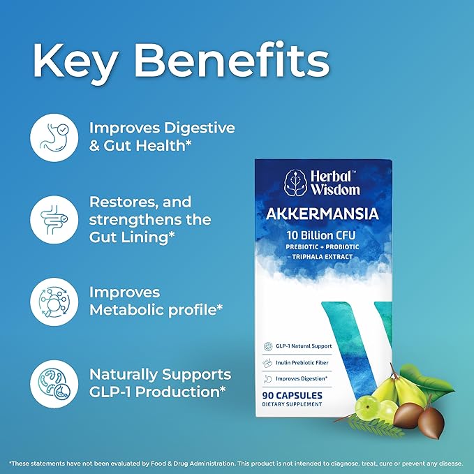 Akkermansia Probiotic 10 Billion CFU - Advanced GLP-1 Support, Probiotic+Prebiotic | for Gut & Metabolism Support - No Bloating | with Inulin & Triphala | (90 Capsules - 3 Month Supply)