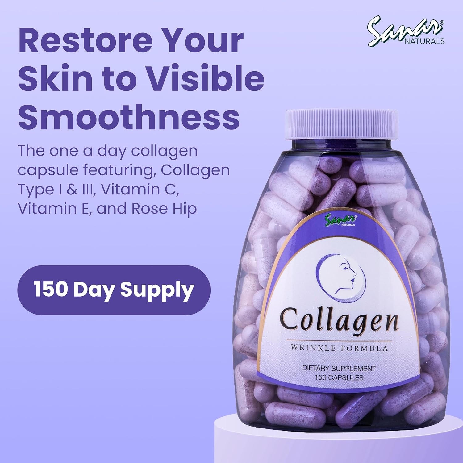 Sanar Naturals Collagen Pills with Vitamin C, E - Supports Hair, Nail, Skin, Joint & Bone Health - Hydrolyzed Collagen for Women & Men Supplement - Grass Fed, Non-GMO, 150 Capsules