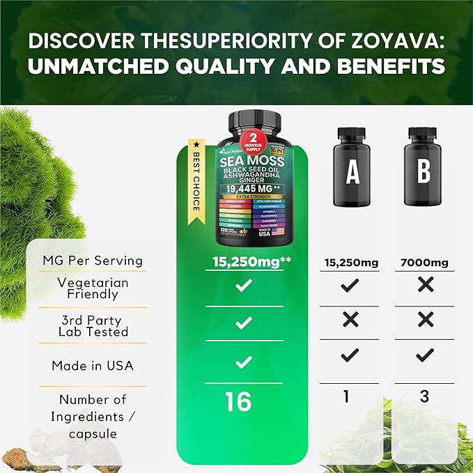 Sea Moss Black Seed Oil Ashwagandha Turmeric Bladderwrack Burdock & Vitamin C Vitamin D3 with Elderberry Manuka Dandelion Yellow Dock Iodine Chlorophyll 16 in 1 Supplement (360 Capsules, 3 Bottles)