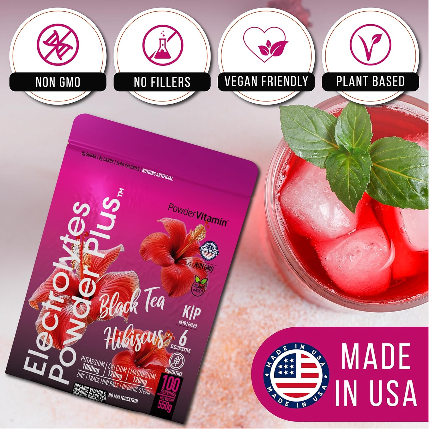 PowderVitamin Electrolytes Powder Plus (100 Servings) Black Tea Hibiscus Electrolyte Powder Keto, Sugar Free, Pink Himalayan Salt,1000mg Potassium,120mg Calcium,120mg Magnesium, Hydration Powder