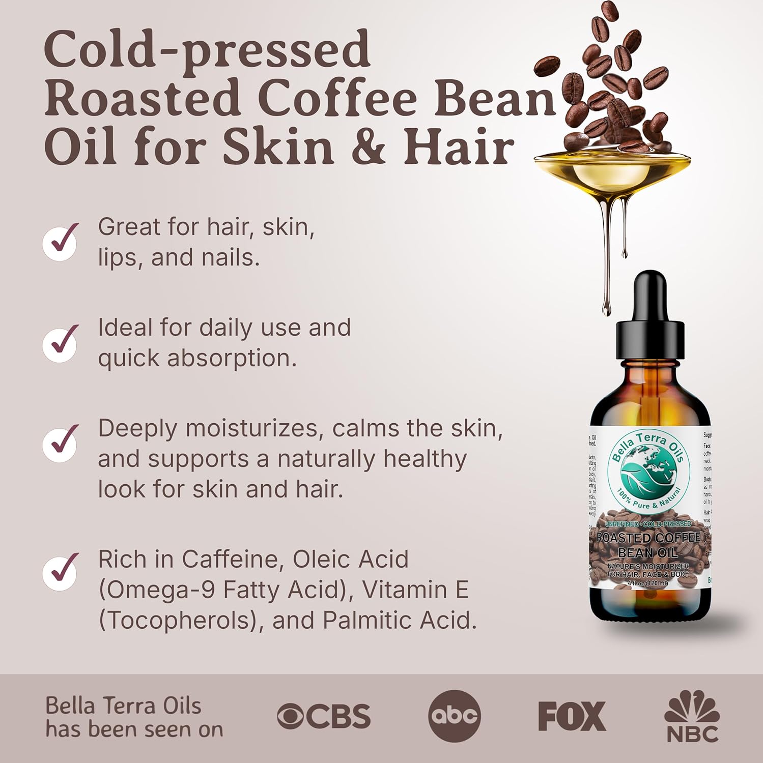 Bella Terra Oils - Roasted Coffee Bean Oil 8 oz - Celebrate the Pure Coffee Oils Essence, Packed with Vitamin E, Perfect for a Nourishing Skin Experience