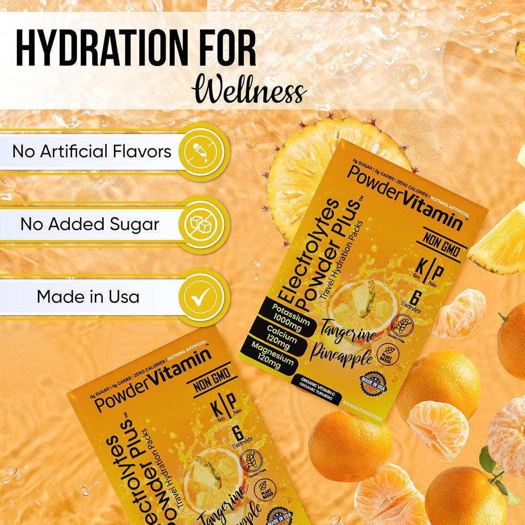 PowerVitamin Electrolytes Powder Packets - Tangerine Pineapple - Keto Electrolytes for Daily Energy - Hydration Powder with 1000mg Potassium, 120mg Magnesium, Zero Calories - 30 Hydration Packets