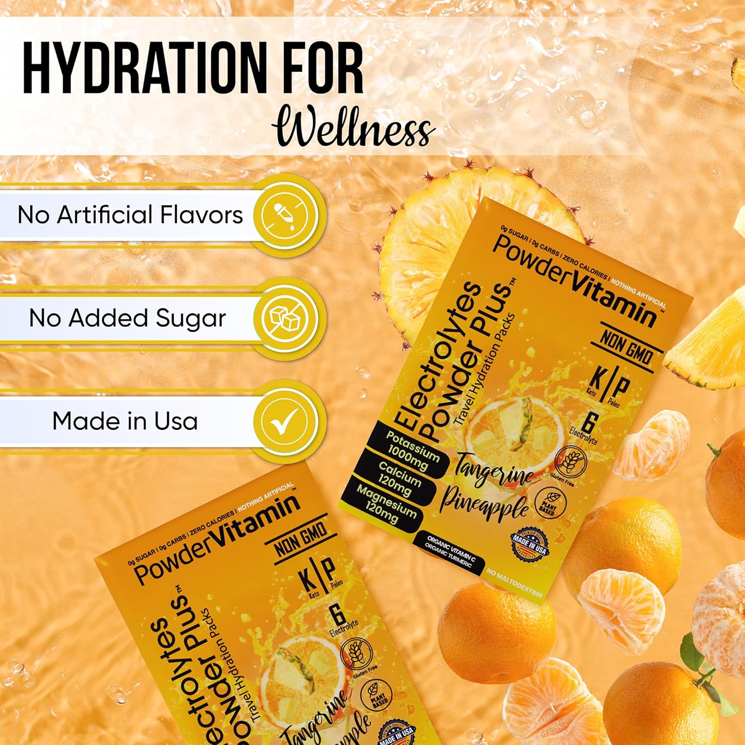 PowerVitamin Electrolytes Powder Packets - Tangerine Pineapple - Keto Electrolytes for Daily Energy - Hydration Powder with 1000mg Potassium, 120mg Magnesium, Zero Calories - 30 Hydration Packets