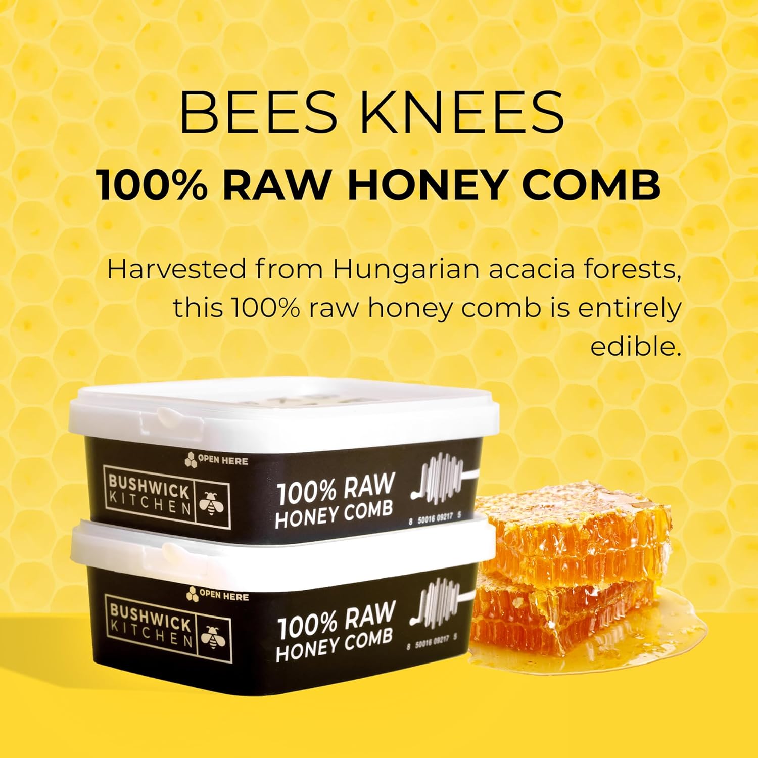 Bees Knees Raw Honeycomb, All Natural Acacia Honey Comb - Raw, Edible, Sweet & Delicious, Double Sealed Packaging for Freshness, 7oz