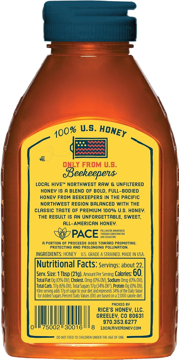 Local Hive Northwest Raw & Unfiltered – 16 oz | 100% Pure U.S. Honey | Natural Sweetener Sourced from American Bees & Beekeepers | Smooth Balanced Flavor | Ideal for Tea, Baking & Cooking