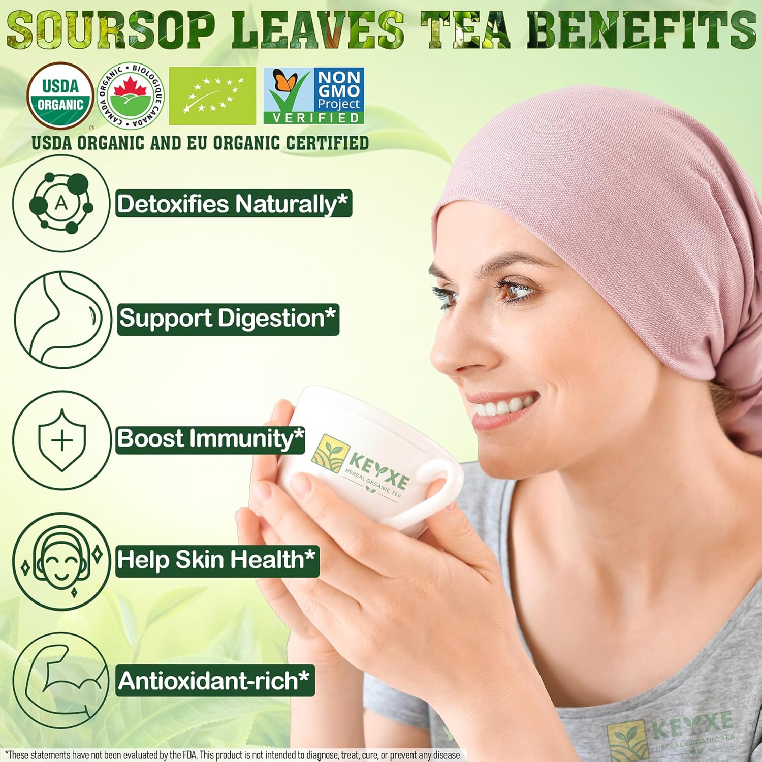 KEYXE - USDA Organic Soursop Graviola Leaves Tea 110 Bags. Non-GMO Verified, 100% Organic Soursop Leaves for Gluten Free, Caffein Free, Hojas De Guanabana Tea Organica, Eco-Conscious Tea Bags