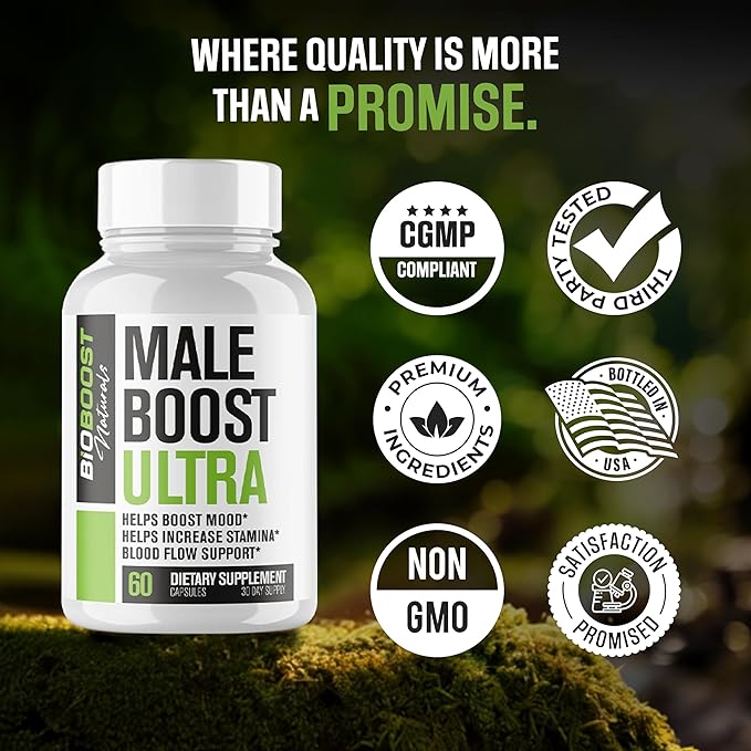 Male Boost Ultra - The Ultimate Male Supplement - Fast Acting Blood Flow Support - Gain Muscle, Strength, Stamina - Overall Test Level Support - HornyGoatWeed + 8 More - 60 Capsules
