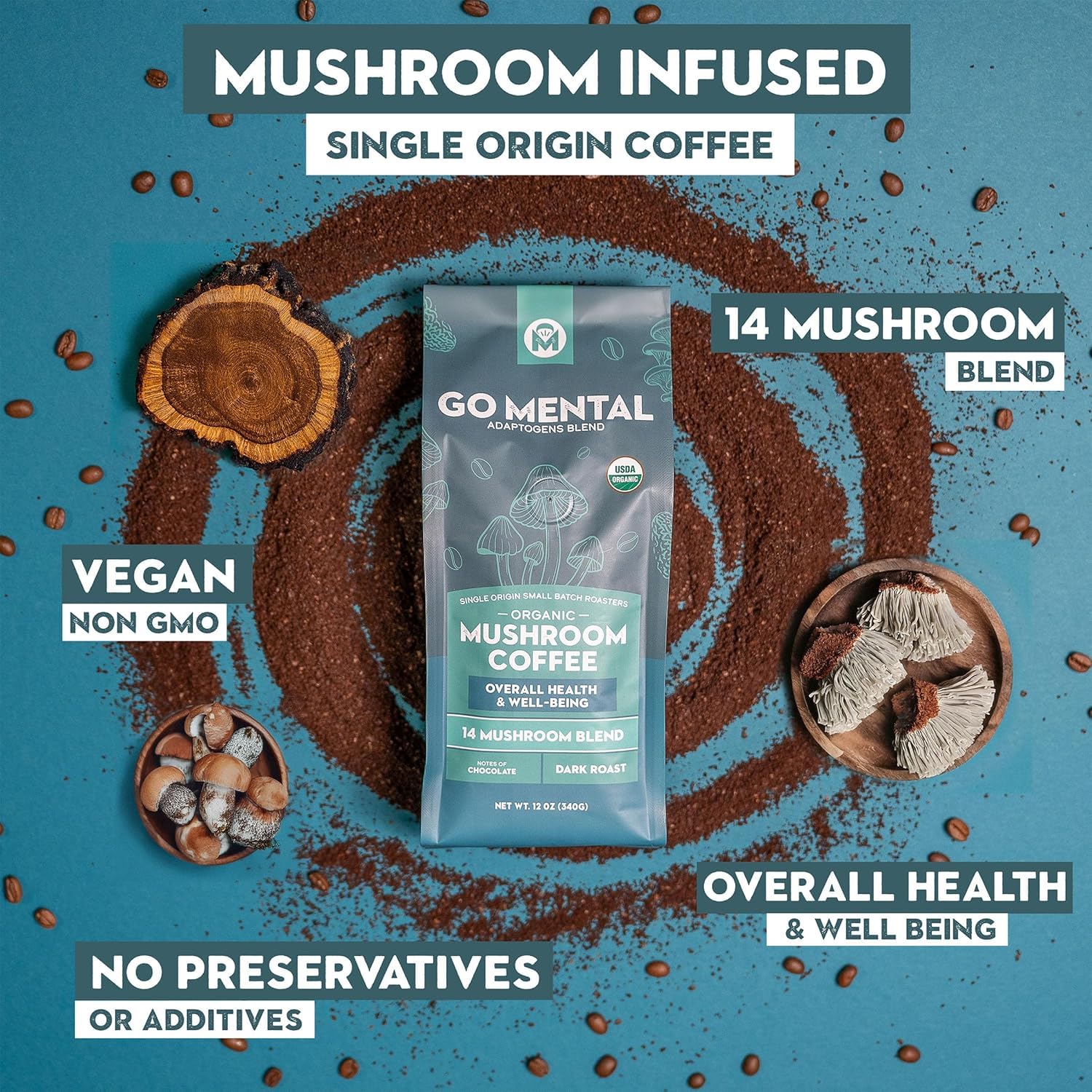 Organic 14 Mushroom Coffee Blend Dark Roast, Organic Lion's Mane, Chaga, Red Reishi and more, Chocolate Notes, Enhances Overall Health, Immune Support And Wellbeing, Ground 12 oz Bag (2 Pack)