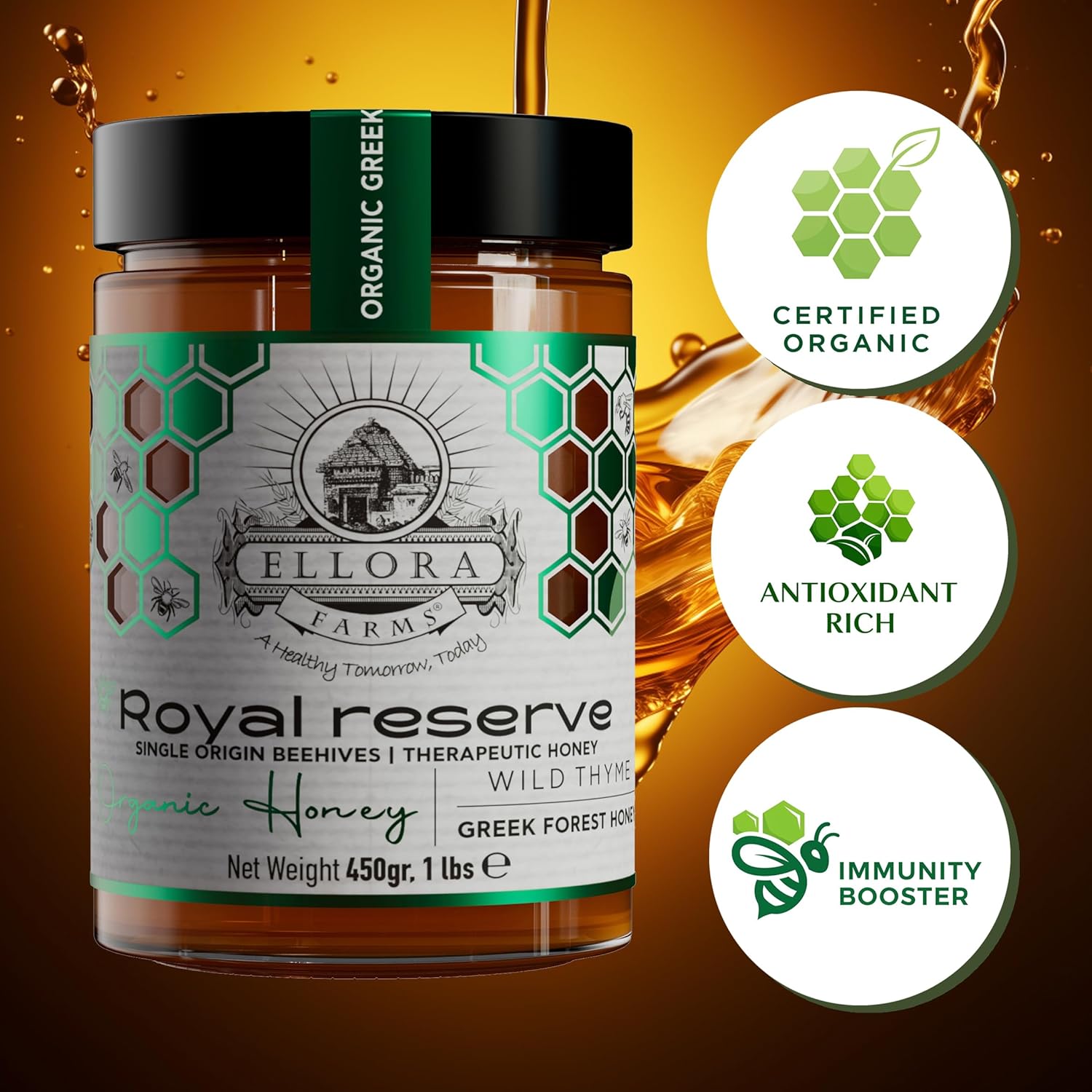 Ellora Farms Organic Honey, Wild Thyme Organic Honey Raw Unfiltered, Preservative and Additive Free, 2025 Paris and Dubai Gold Awards Winner, Gift Pack with Dipper - 450 g