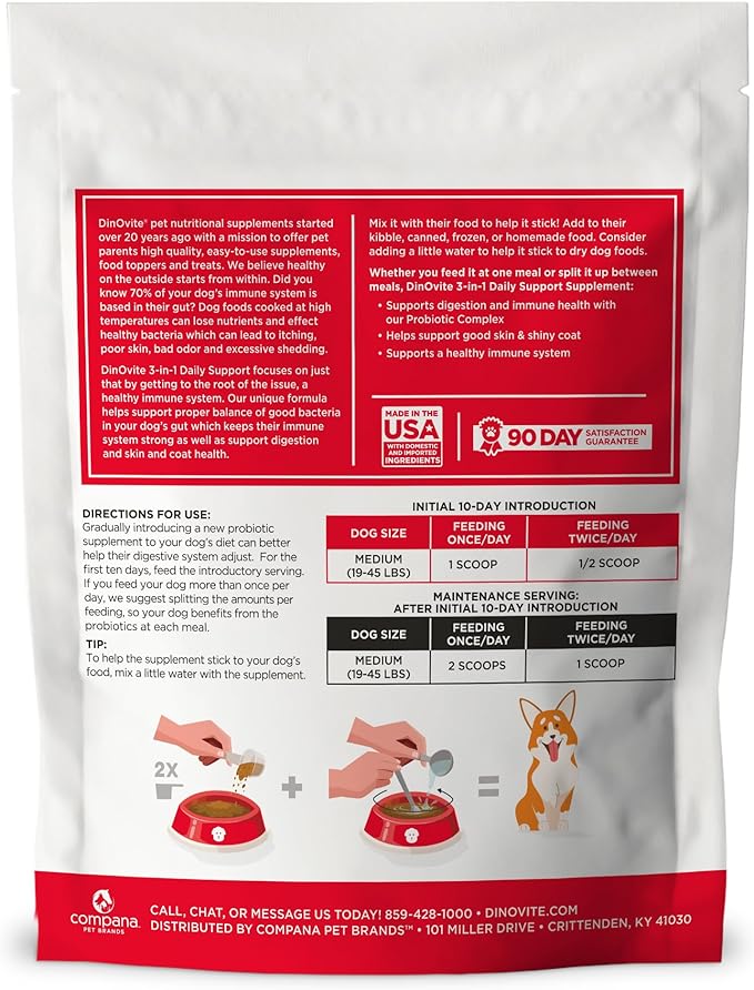 Dinovite 3 in 1 Probiotic for Medium Dogs, Skin & Coat, Digestive Health & Joint Relief, Dog Food Toppers, Immune Support, Allergy Relief & Itch Relief Skin Care, 90 Servings (18-45lb)