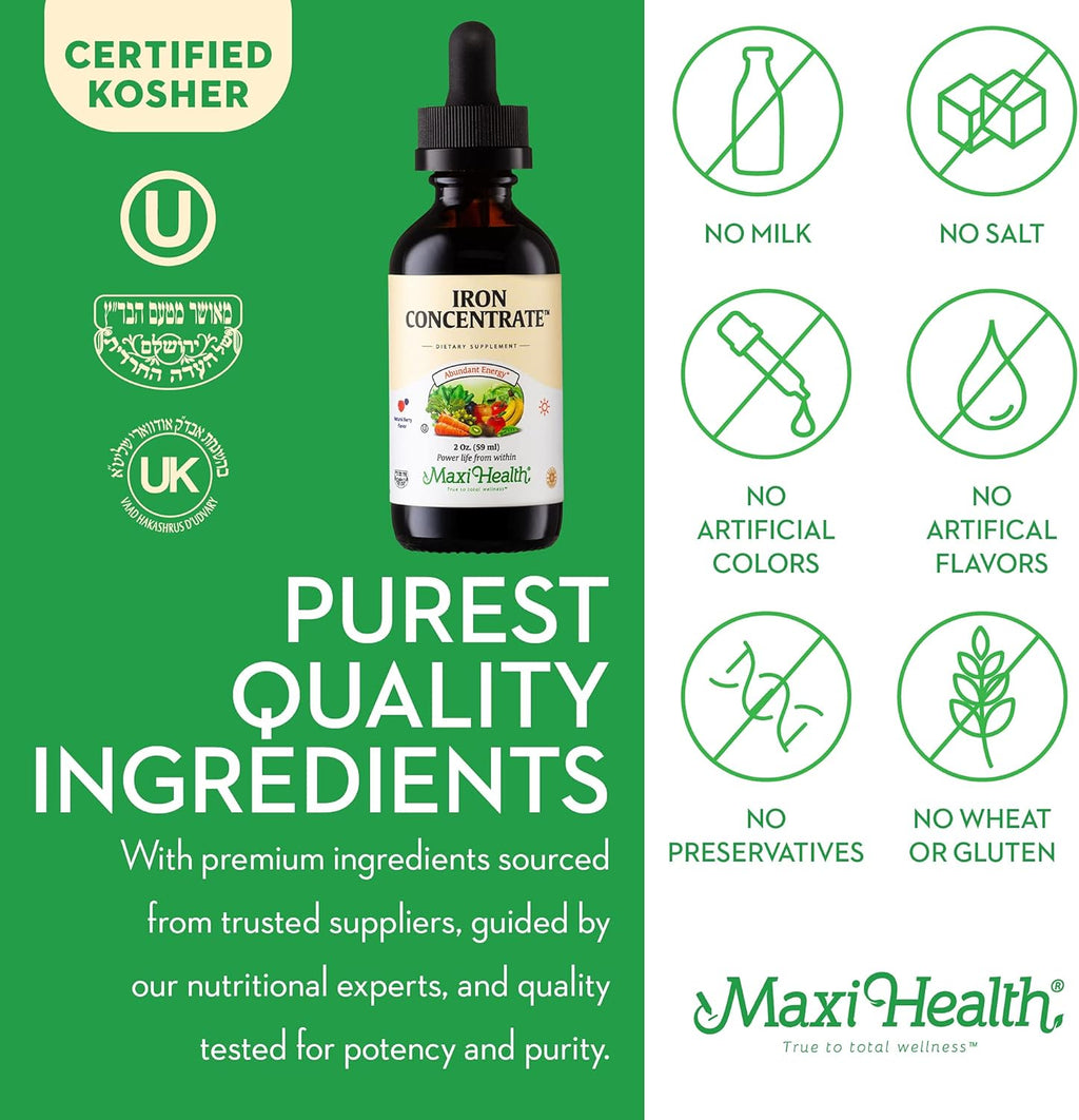 Maxi Health Women, Men and Kids Liquid Iron Supplement - 15 mg Per ML Berry Flavored - High Potency - Easy to Mix for Immediate Absorption - Increase Energy Without Nausea - 2 fl Ounces