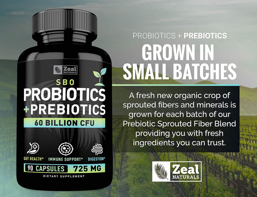 Probiotics and Prebiotics + SBO Probiotics (60 Billion CFU | 90 Capsules) Acidophilus Probiotic w. Saccharomyces Boulardii, Bifidobacterium + Spore Probiotic & Organic Sprouted Prebiotic Fiber Blend