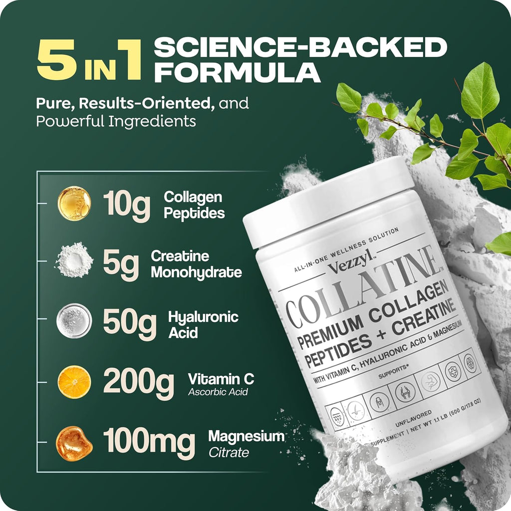 Collatine - Premium Collagen Peptides + Creatine with Vitamin C, Hyaluronic Acid and Magnesium for Skin, Hair, Nails, Bone & Joint, Muscle, Immune and Cognitive Aid (.55 LB (250 G/8.8 OZ)