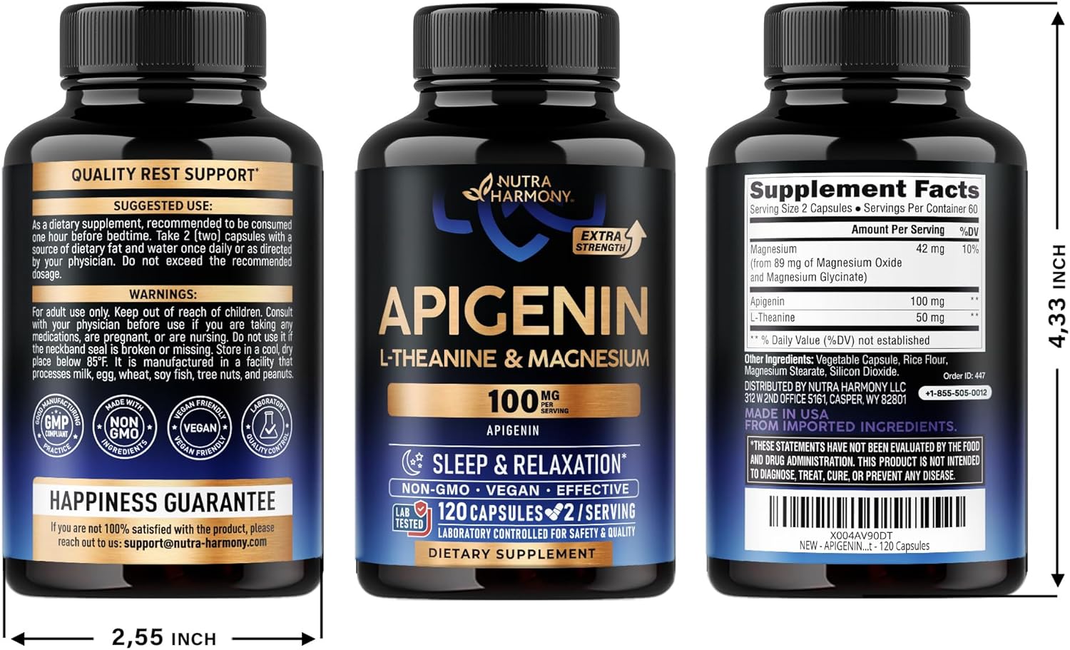 Apigenin 100mg - Apigenin Supplement for Sleep Support with L-Theanine & Magnesium - Sleep, Stress Relief & Relaxation Support for Adults - Naturally Derived from Chamomile - 120 Vegan Capsules