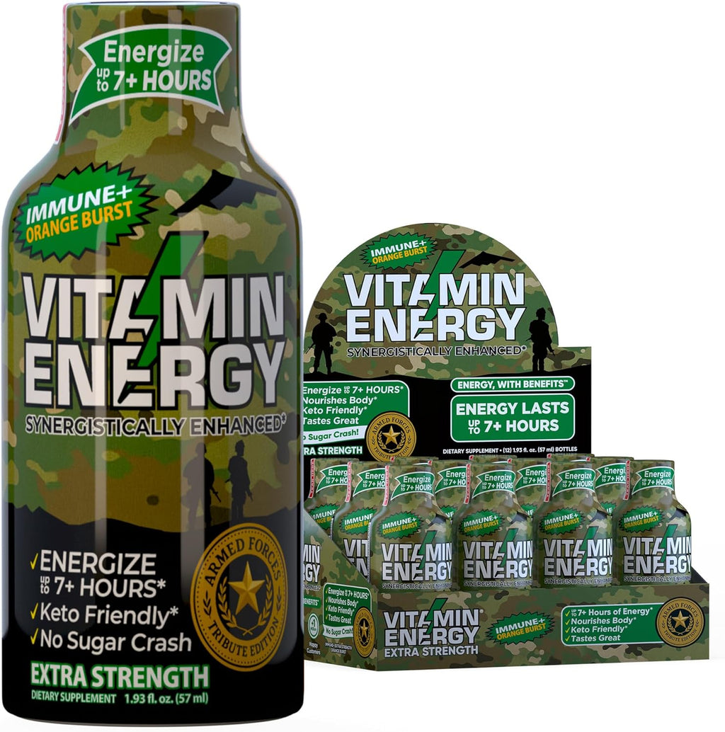 Vitamin Energy Immune+ Extra Strength Energy Shot Army Orange 12 Pack, 260mg Natural Caffeine, B-Vitamins, Citicoline, Green Tea, Immunity & Focus Support, Zero Sugar, Gluten-Free 1.93 fl oz