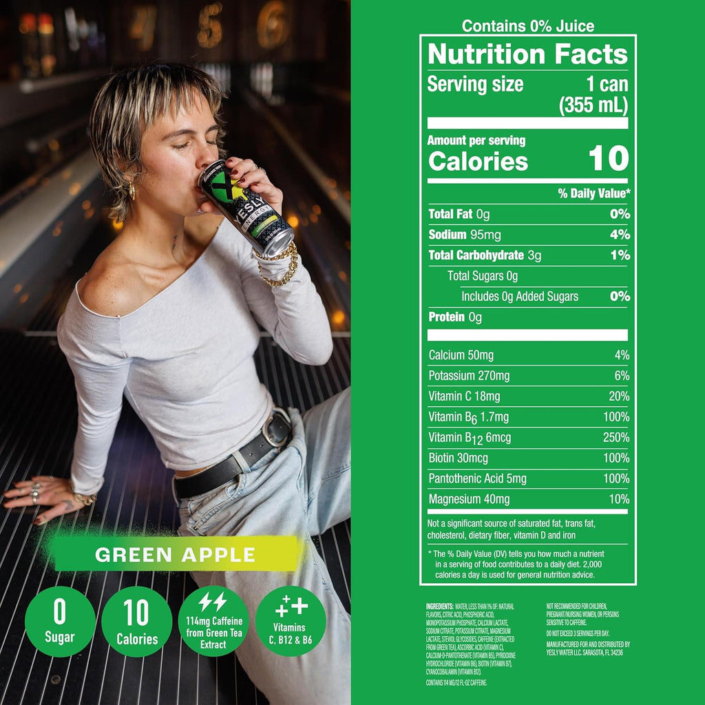 Yesly Energy Drink, Green Apple, Naturally Flavored Sparkling Energy Drink With Electrolytes, Magnesium, Potassium, Vitamin C, B6 & B12, Natural Caffeine From Green Tea, 12 Fl Oz Cans, 12 Pack
