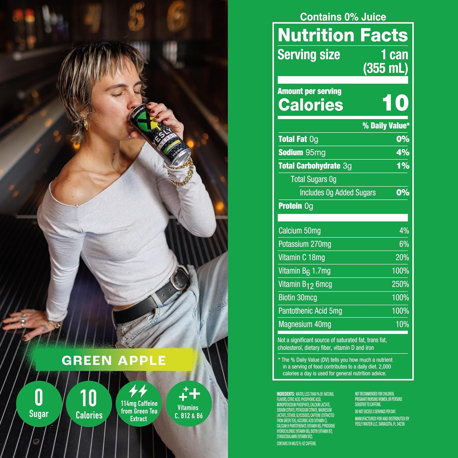 Yesly Energy Drink, Green Apple, Naturally Flavored Sparkling Energy Drink With Electrolytes, Magnesium, Potassium, Vitamin C, B6 & B12, Natural Caffeine From Green Tea, 12 Fl Oz Cans, 12 Pack
